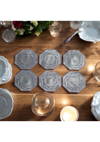 6'lı Nakışlı Simli Lila Peçetelik Runer Davet Peçetesi Çeyizlik Altlık