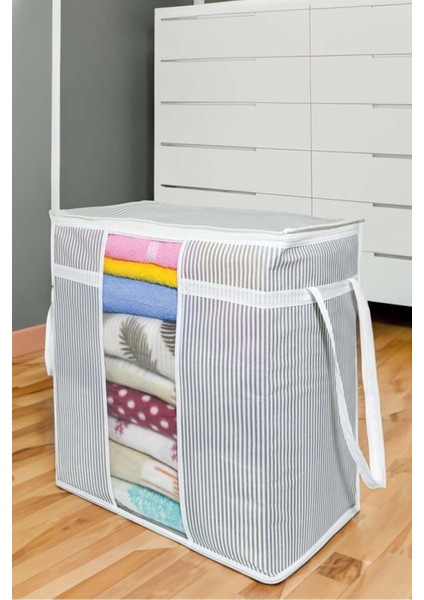 Pencereli Saklama Çantası - Gri Çizgili, 30 x 45 x 50 cm