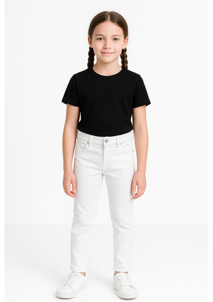 Beyaz Likralı Beli Ayarlanabilir Lastikli Düğmeli Kız Çocuk Pantolonu, Okul Pantolonu, Beyaz Pantolon,yüksek Bel Skinny Pantolon