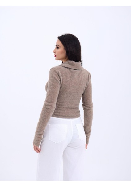 42531 Triko Simli Yakalı Crop-Kahve