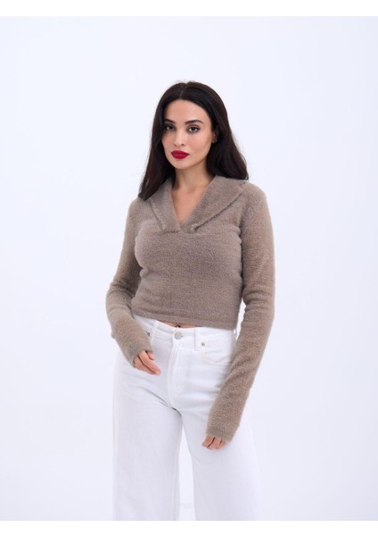 42531 Triko Simli Yakalı Crop-Kahve