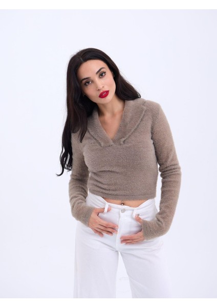 42531 Triko Simli Yakalı Crop-Kahve