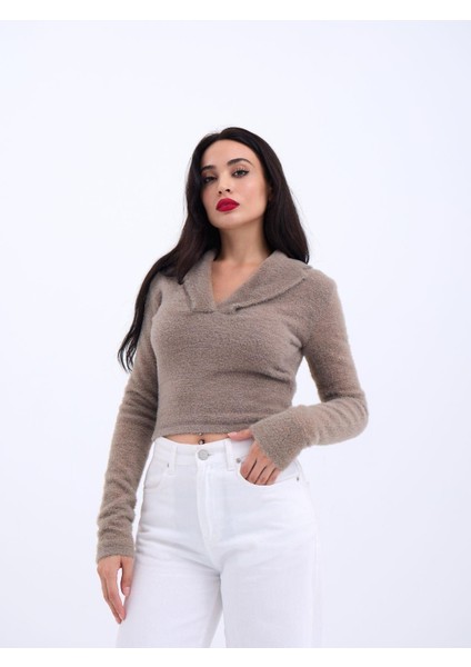 42531 Triko Simli Yakalı Crop-Kahve