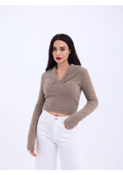 42531 Triko Simli Yakalı Crop-Kahve