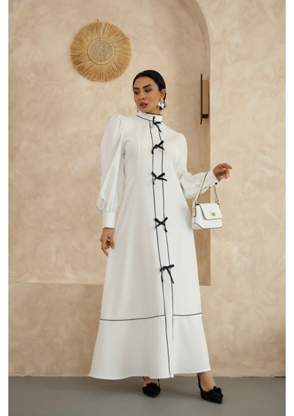 Kadın Atlas Kumaş Fiyonk Detaylı Uzun Elbise NBMS2515