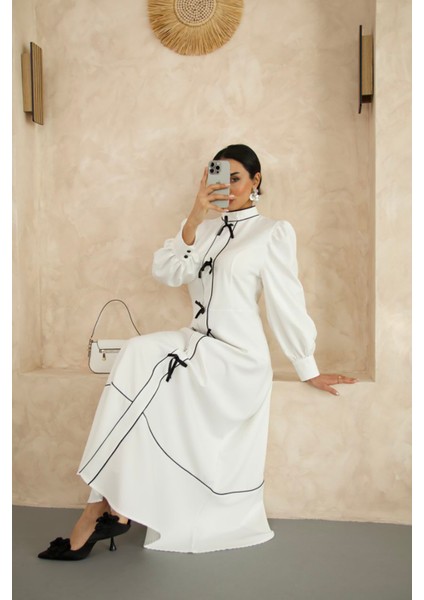 Kadın Atlas Kumaş Fiyonk Detaylı Uzun Elbise NBMS2515 modelleri