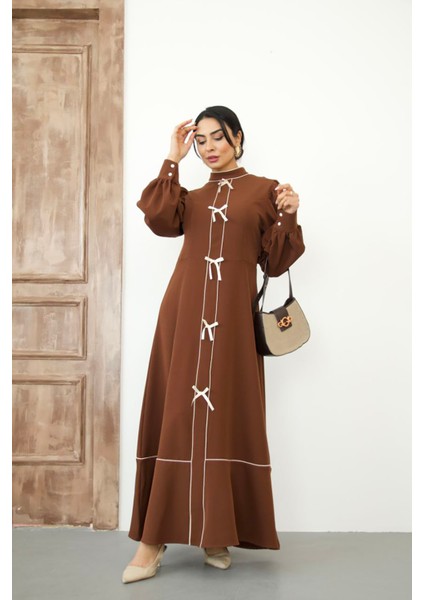 Kadın Atlas Kumaş Fiyonk Detaylı Uzun Elbise NBMS2515