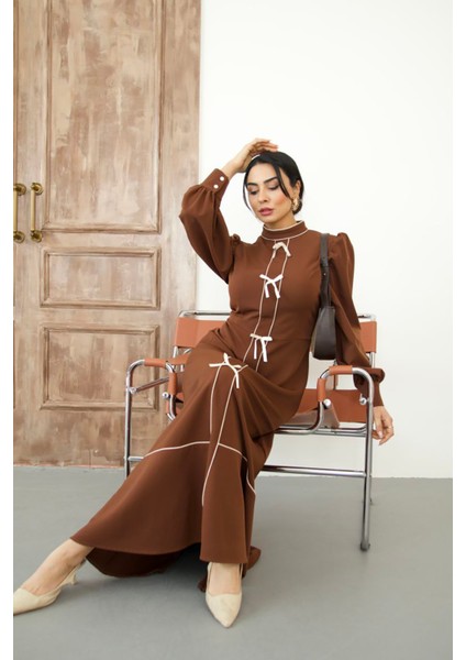 Kadın Atlas Kumaş Fiyonk Detaylı Uzun Elbise NBMS2515 modelleri