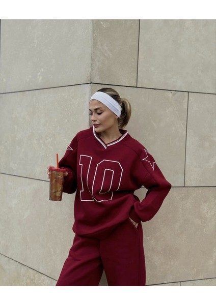 Kadın V Yaka Üç Iplik Sweat Takım - Bordo