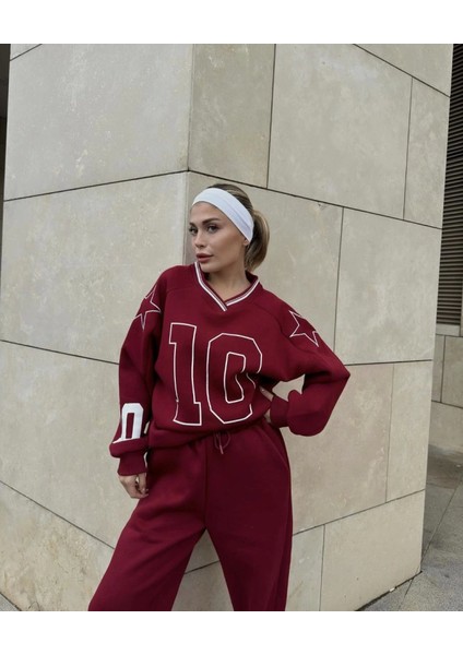 Kadın V Yaka Üç Iplik Sweat Takım - Bordo