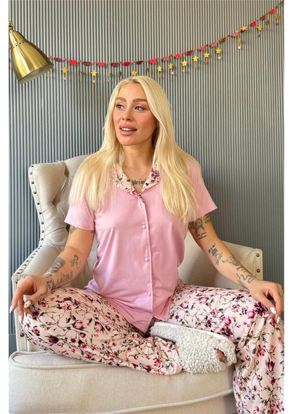 Açık Pembe Florado Exclusive Önden Düğmeli Kısa Kollu Kadın Pijama Takımı fiyatları