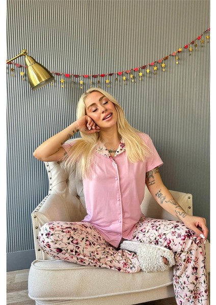 Açık Pembe Florado Exclusive Önden Düğmeli Kısa Kollu Kadın Pijama Takımı modelleri