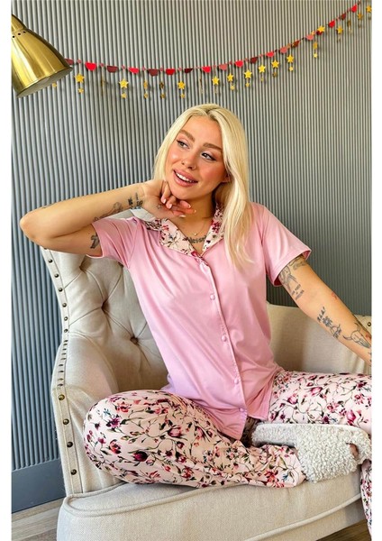 Açık Pembe Florado Exclusive Önden Düğmeli Kısa Kollu Kadın Pijama Takımı fırsatları
