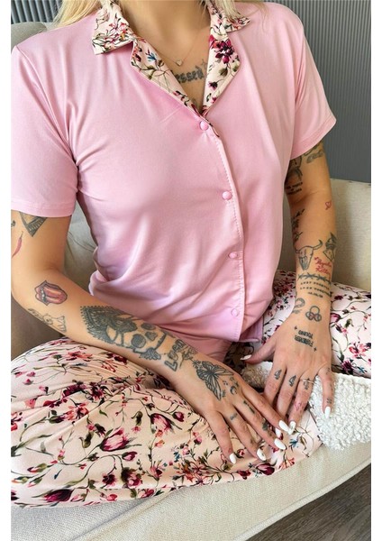 Açık Pembe Florado Exclusive Önden Düğmeli Kısa Kollu Kadın Pijama Takımı indirimleri