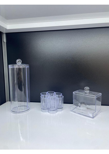 3'lü Makyaj Düzenleyici Organizer Set Makyaj Pamukluğu Kulak Çöpü Ruj Fırça Düzenleyici