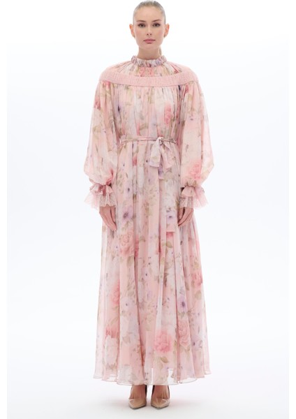 Çiçek Desenli Etnik Elbise Pembe