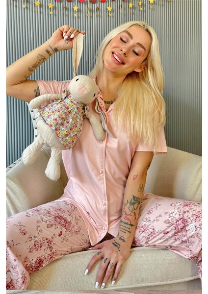 Mercan Florado Exclusive Önden Düğmeli Kısa Kollu Kadın Pijama Takımı