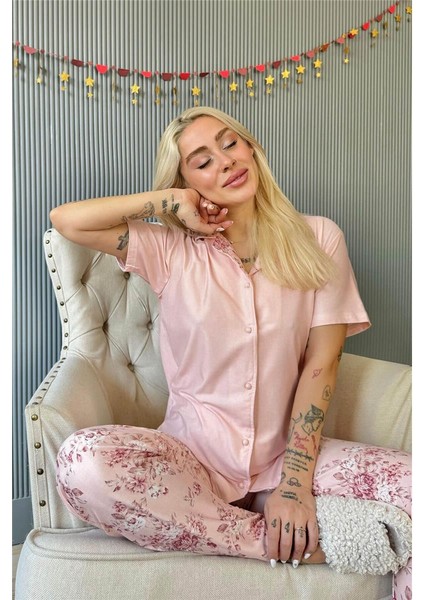 Mercan Florado Exclusive Önden Düğmeli Kısa Kollu Kadın Pijama Takımı