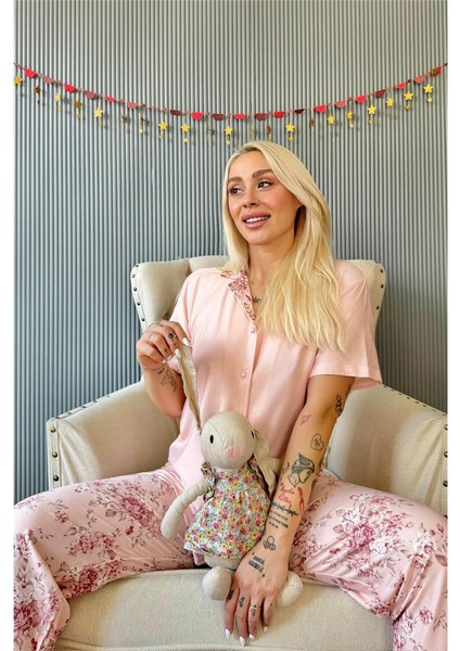 Mercan Florado Exclusive Önden Düğmeli Kısa Kollu Kadın Pijama Takımı