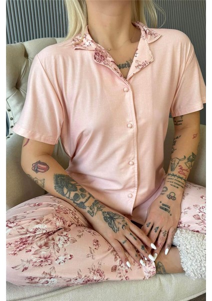 Mercan Florado Exclusive Önden Düğmeli Kısa Kollu Kadın Pijama Takımı