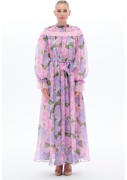 Çiçek Desenli Etnik Elbise Lila