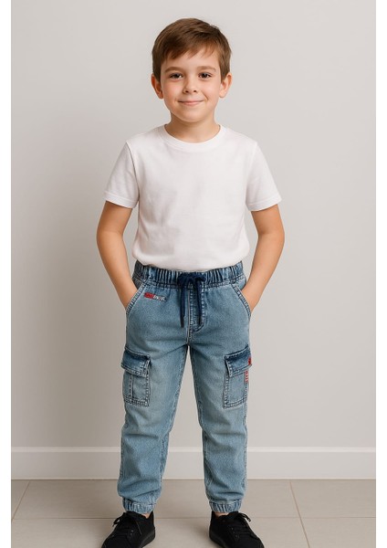 Beli Lastikli Kargo Cepli Erkek Çocuk Jean Mavi