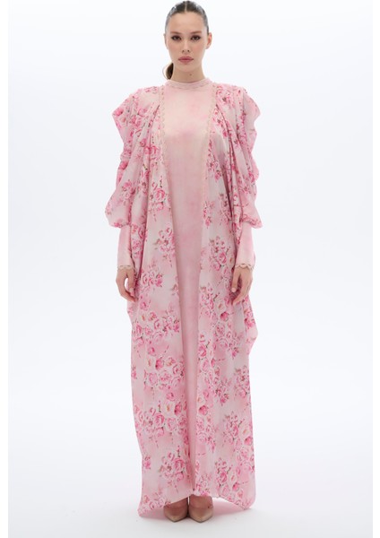 Dantel Şeritli Kaftan Elbise Pembe