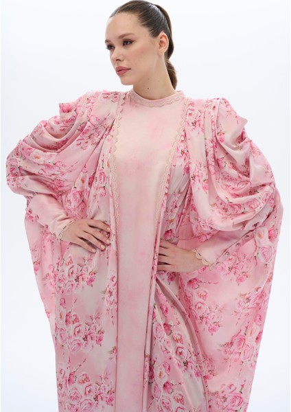 Dantel Şeritli Kaftan Elbise Pembe
