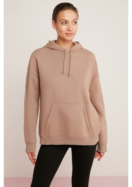 Carly Kadın Içi Polarlı Yumuşacık Kapüşonlu Kanguru Cepli Oversize Fit Pembe Sweatshirt