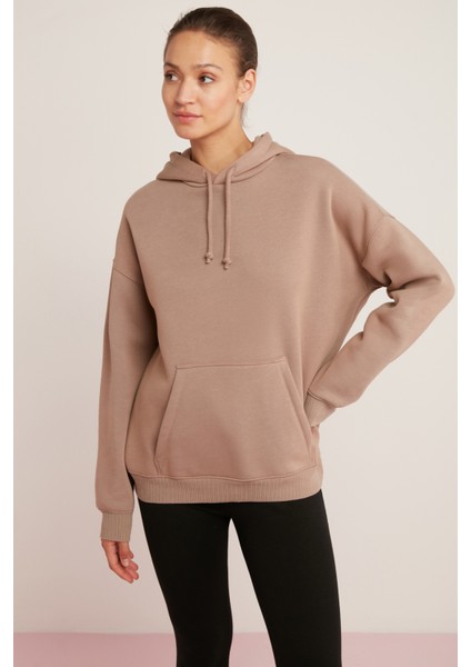 Carly Kadın Içi Polarlı Yumuşacık Kapüşonlu Kanguru Cepli Oversize Fit Pembe Sweatshirt