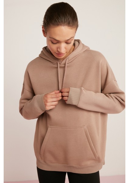 Carly Kadın Içi Polarlı Yumuşacık Kapüşonlu Kanguru Cepli Oversize Fit Pembe Sweatshirt