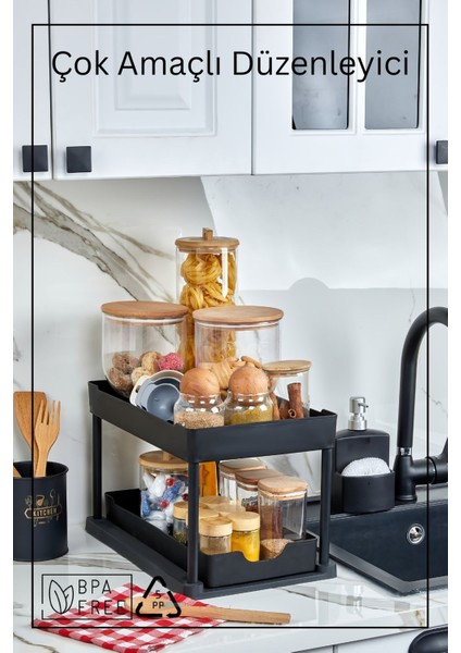 2 Katlı Çok Amaçlı Evye Altı Düzenleyici - Siyah