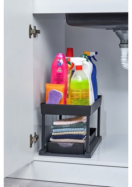 2 Katlı Çok Amaçlı Evye Altı Düzenleyici - Siyah indirimleri