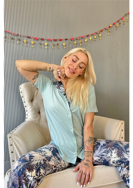 Mint Florado Exclusive Önden Düğmeli Kısa Kollu Kadın Pijama Takımı modelleri