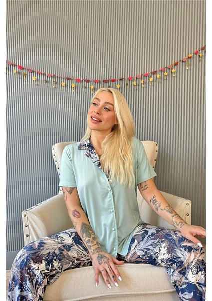 Mint Florado Exclusive Önden Düğmeli Kısa Kollu Kadın Pijama Takımı fırsatları