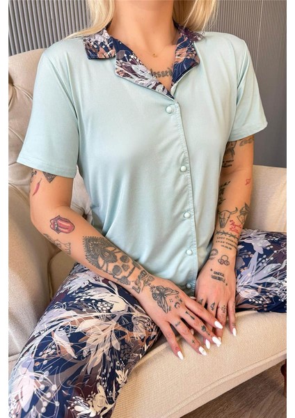 Mint Florado Exclusive Önden Düğmeli Kısa Kollu Kadın Pijama Takımı indirimleri