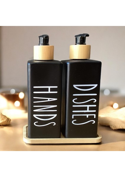 2’li Siyah Beyaz Dekoratif Mutfak Banyo Sıvı Cam Sabunluk Seti 300ML Bambu Stantlı Set
