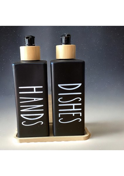2’li Siyah Beyaz Dekoratif Mutfak Banyo Sıvı Cam Sabunluk Seti 300ML Bambu Stantlı Set