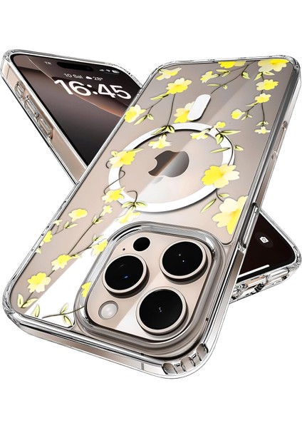 Apple iPhone 16 Pro Için Flower Serisi Magsafe ile Uyumlu Göz Alıcı ve Şık Tasarımlı Çiçek Desenli Silikon Kılıf Kapak (Yellow, 16 Pro)