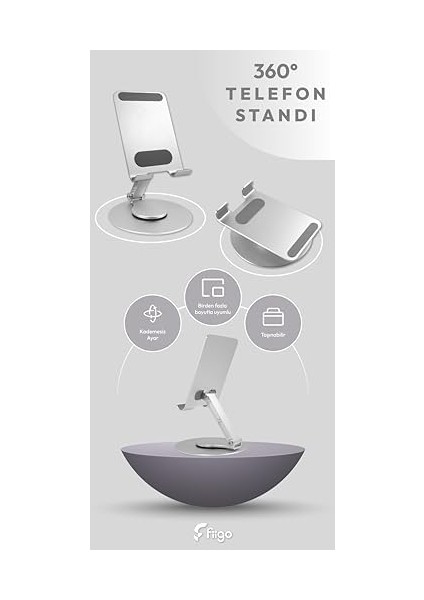 Telefon Standı Katlanabilir Çok Fonksiyonlu 360 Derece Dönebilen Metal Silver