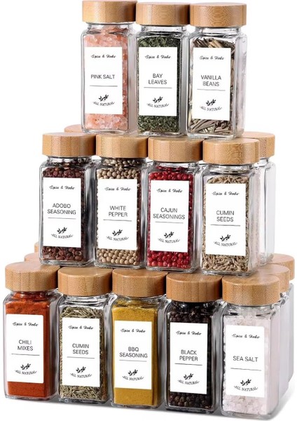 12'li Bambu ve Akasya Kapaklı Cam Baharatlık Seti 120 ml - Doğal Ahşap Kapaklı, Şeffaf Cam, Sağlıklı ve Şık Baharat Kavanozları (Bambu Kapak)