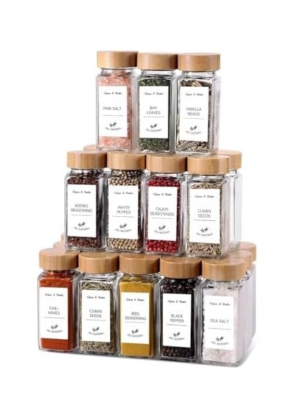 12'li Bambu ve Akasya Kapaklı Cam Baharatlık Seti 120 ml - Doğal Ahşap Kapaklı, Şeffaf Cam, Sağlıklı ve Şık Baharat Kavanozları (Bambu Kapak)