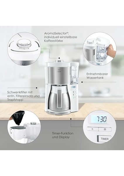 1025-17 Filtre Kahve Makinesi, Termo Sürahi ve Zamanlayıcı Fonksiyonlu, 1080W, Çıkarılabilir Su Deposu ve Kireç Giderme Programı, 1.25 Litre, Beyaz Görünümlü V Zamanlayıcı