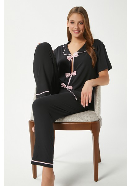 Kadın Julia Siyah Fiyonklu Alt Üst Pijama Takımı