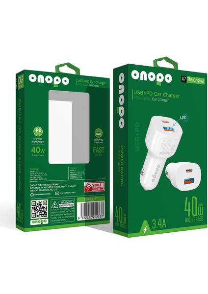 Type-C (Pd) ve USB Girişli LED Işıklı Turbo Hızlı Araç Şarjı 40W - A7