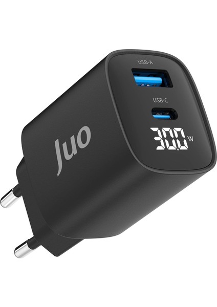 30W Gan LED Ekranlı Type-C + Usb-A Hızlı Şarj Cihazı Android & Apple iPhone Uyumlu Şarj Aleti
