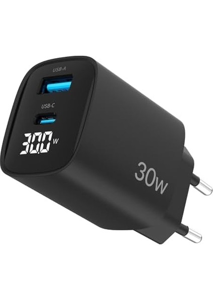 30W Gan LED Ekranlı Type-C + Usb-A Hızlı Şarj Cihazı Android & Apple iPhone Uyumlu Şarj Aleti