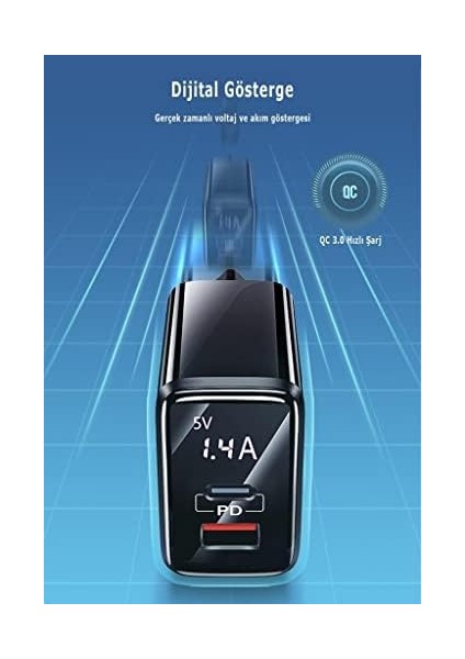 US-CC133 T40 20W Qc3.0+Pd Type-C+Usb Dijital Göstergeli Hızlı Şarj Başlığı