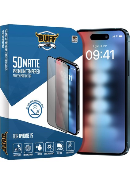 Labs Buff iPhone 15 ile Uyumlu 5d Matte Mat Ekran Koruyucu
