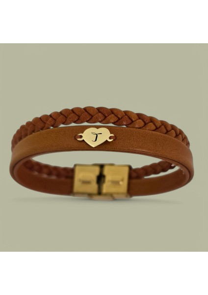 14 Ayar Altın Plakalı Kalp Motifli Özgün Derili Kadınlar İçin Harfe Özel Bileklik-401Harf-Kahverengi